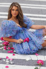 Charming Floral Printed A-Line Puff Sleeves Short Tulle Homecoming Dress