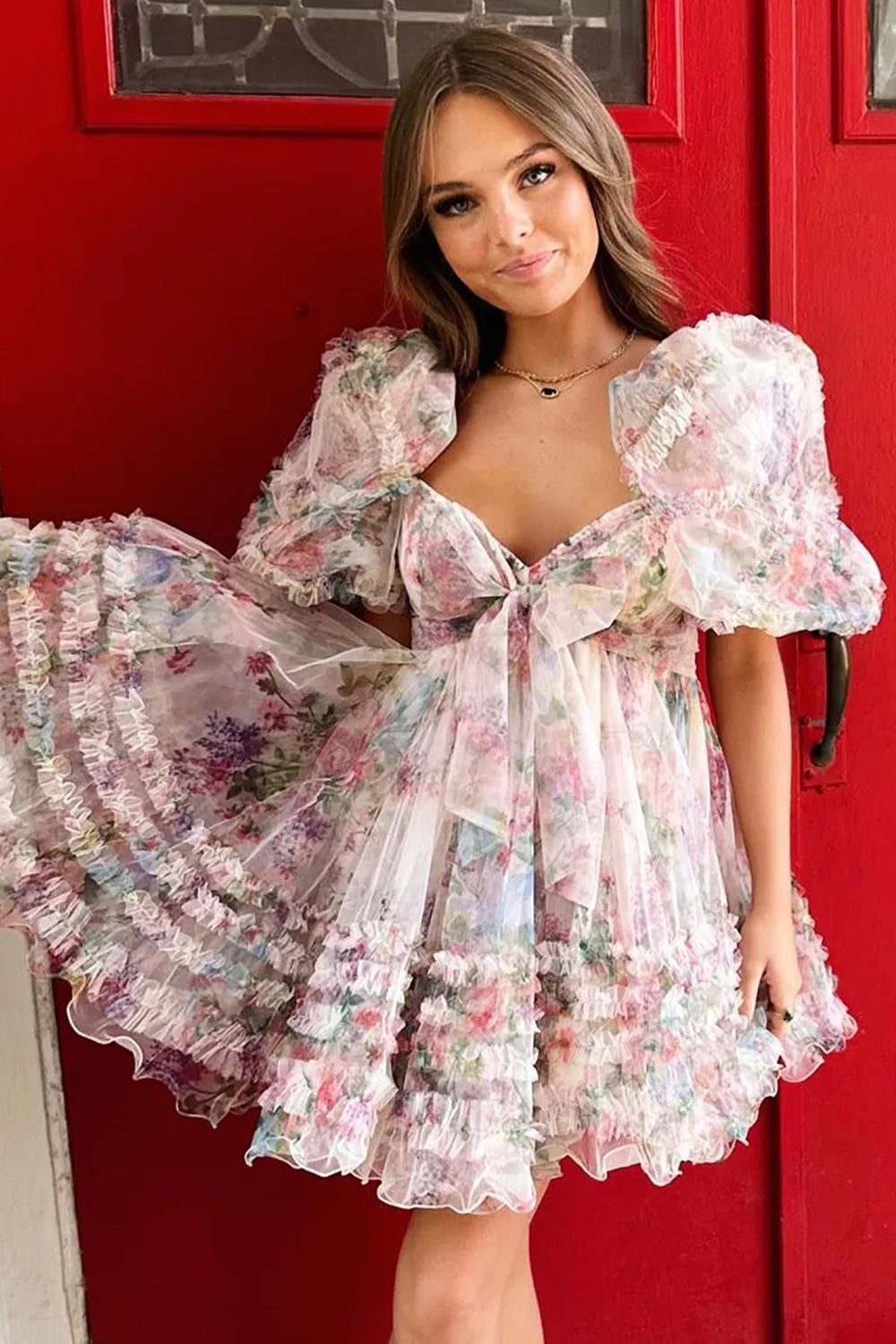 Charming Floral Printed A-Line Puff Sleeves Short Tulle Homecoming Dress