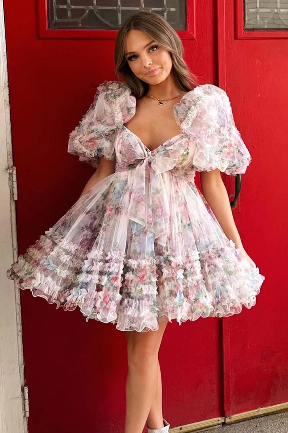 Charming Floral Printed A-Line Puff Sleeves Short Tulle Homecoming Dress