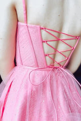 Cute Spaghetti Straps A-Line Lace Up Tulle Homecoming Dress with Ruffle