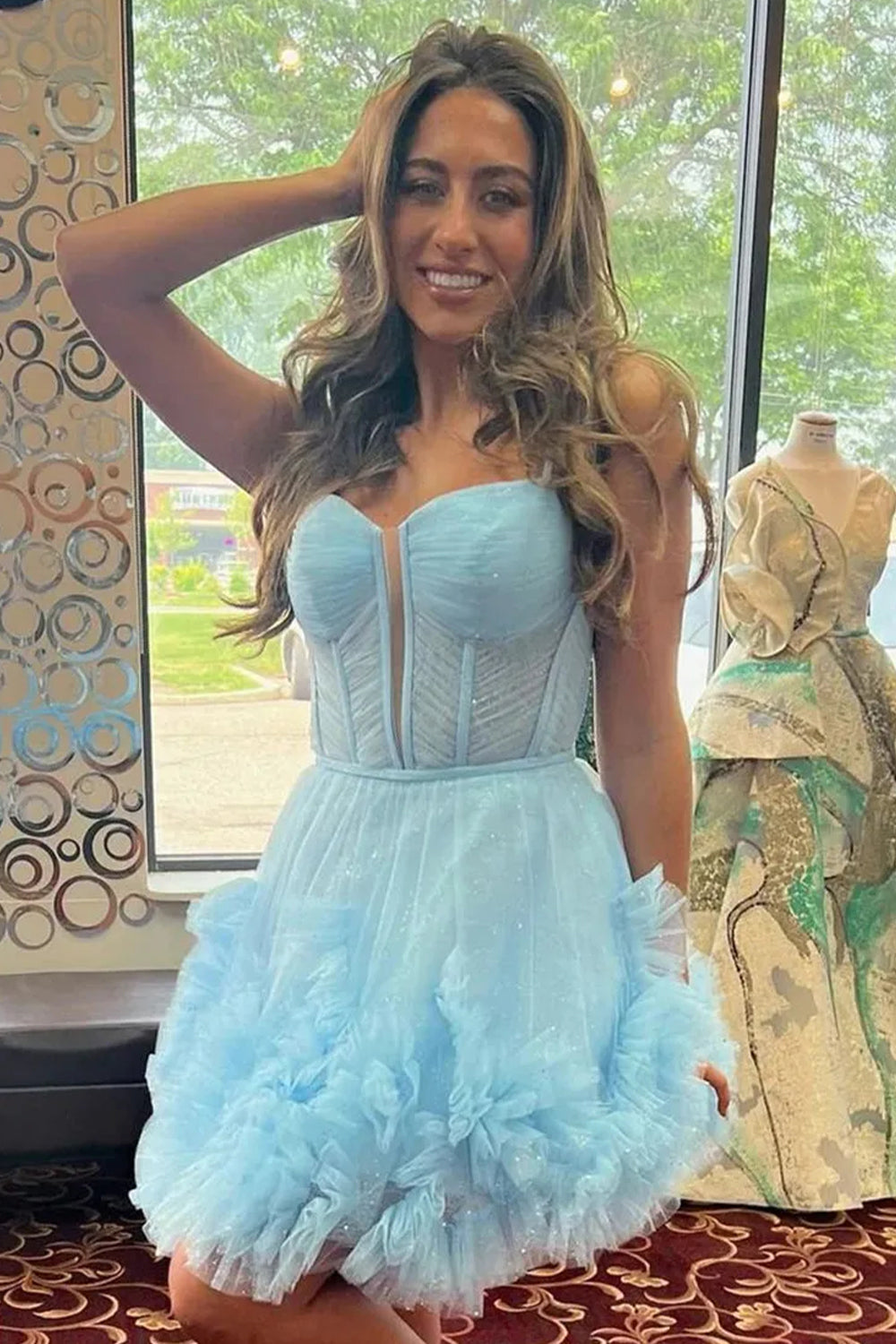 Cute Spaghetti Straps A-Line Lace Up Tulle Homecoming Dress with Ruffle