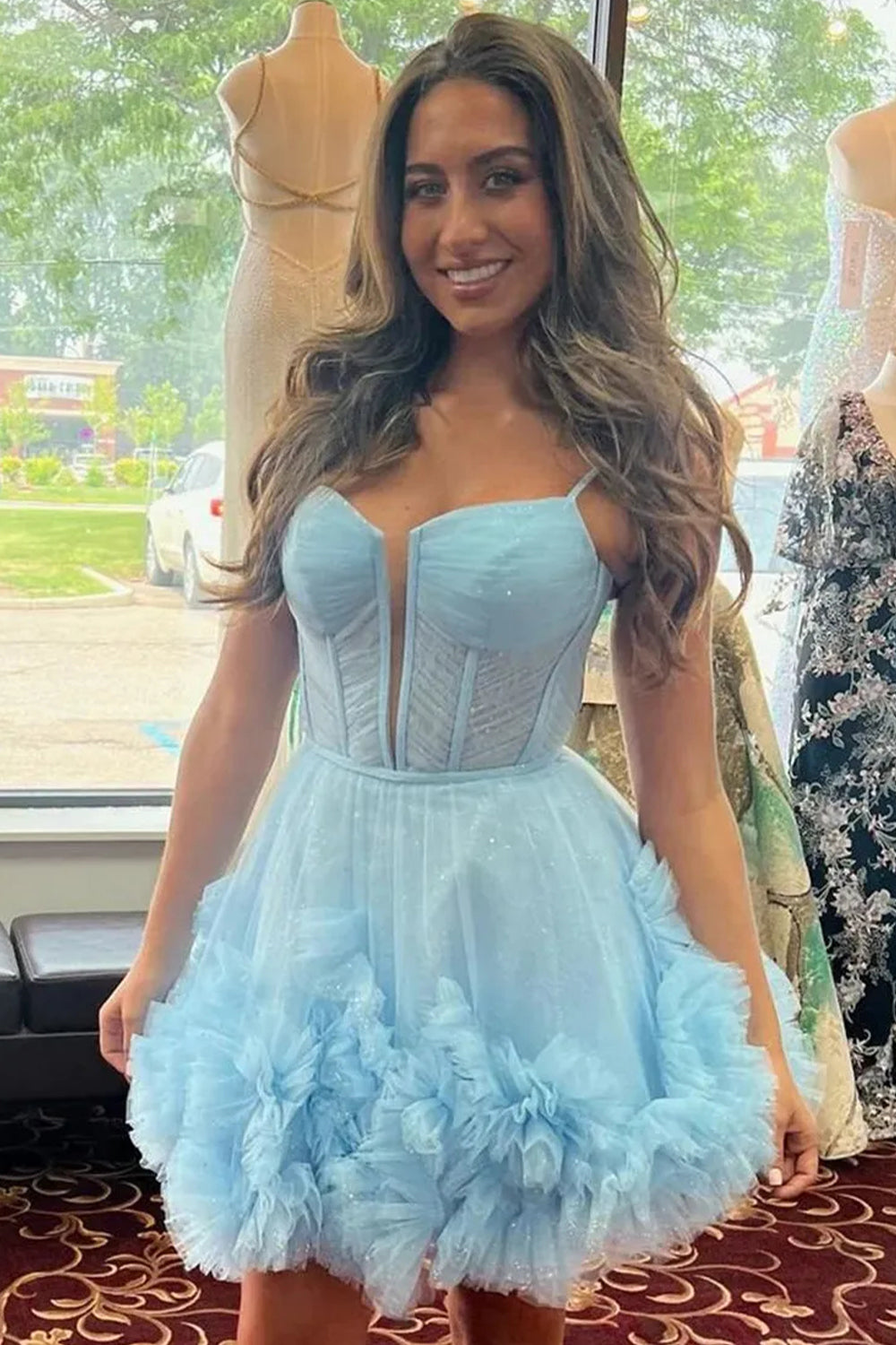 Cute Spaghetti Straps A-Line Lace Up Tulle Homecoming Dress with Ruffle