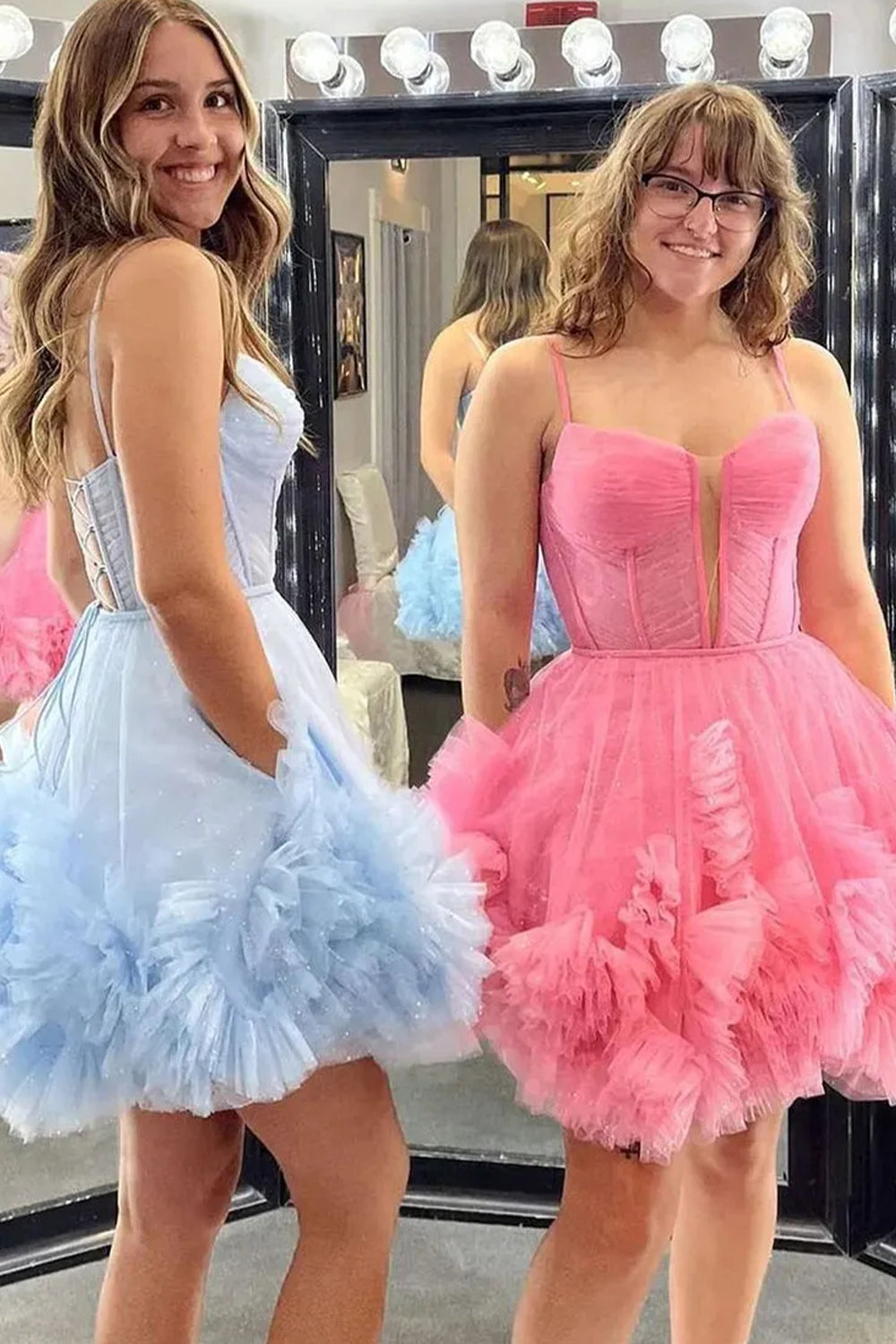 Cute Spaghetti Straps A-Line Lace Up Tulle Homecoming Dress with Ruffle