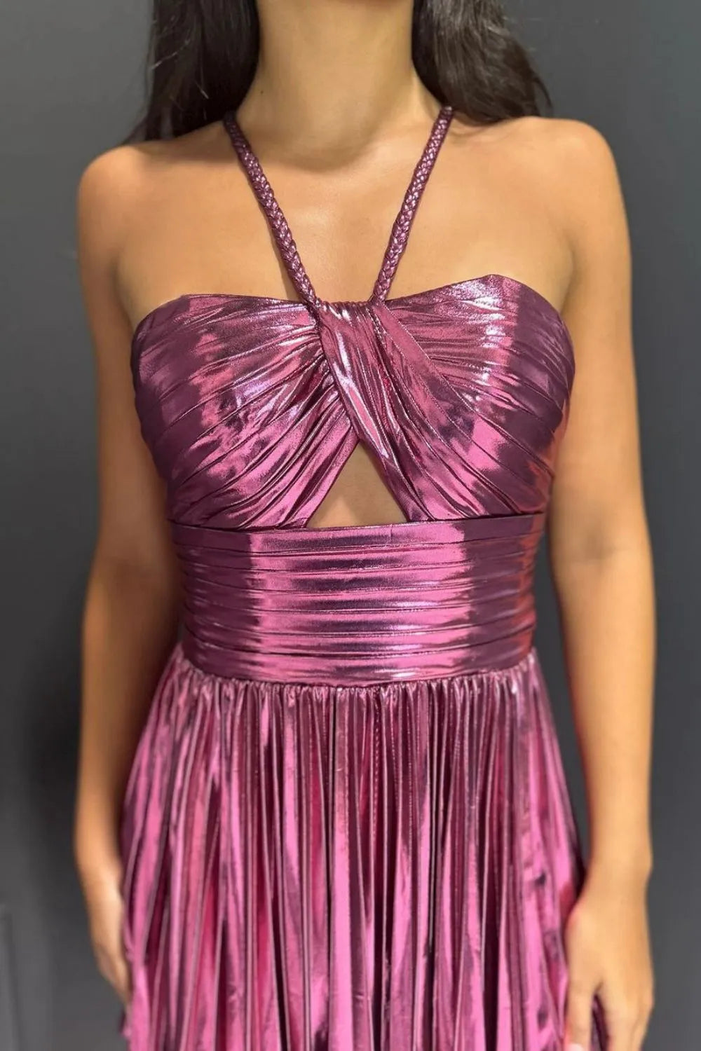 Unique Halter Neck A-Line Cut Out Pleated Metallic Homecoming Dress