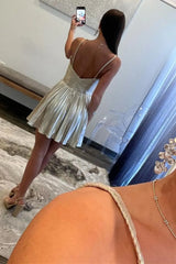 Unique Halter Neck A-Line Cut Out Pleated Metallic Homecoming Dress