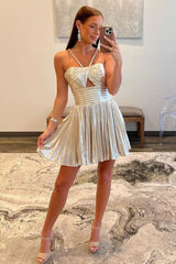 Unique Halter Neck A-Line Cut Out Pleated Metallic Homecoming Dress