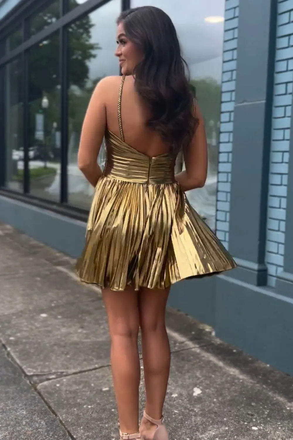 Unique Halter Neck A-Line Cut Out Pleated Metallic Homecoming Dress