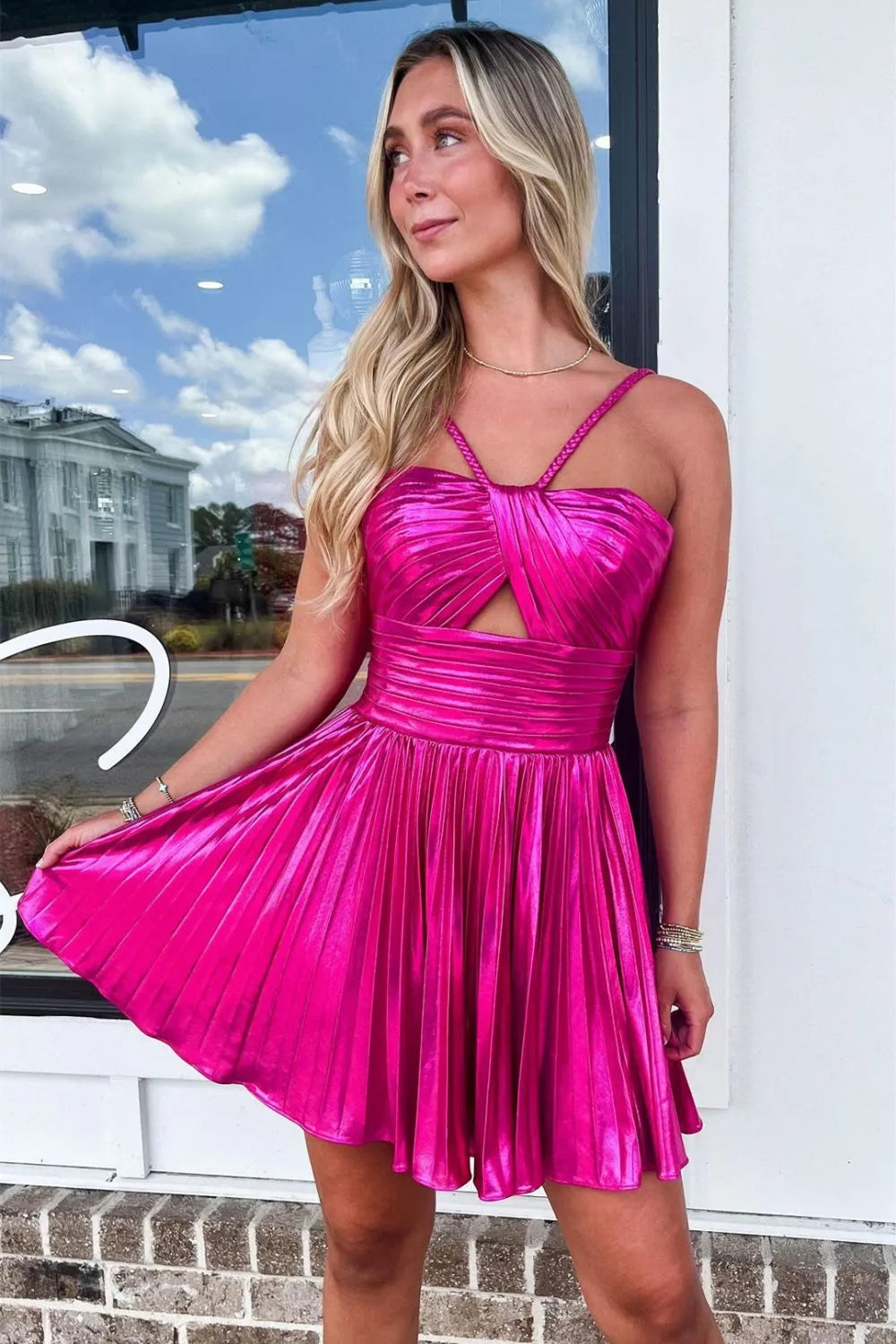 Unique Halter Neck A-Line Cut Out Pleated Metallic Homecoming Dress