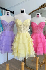 Cute Sweetheart A-Line Lace Corset Chiffon Ruffle Short Homecoming Dress