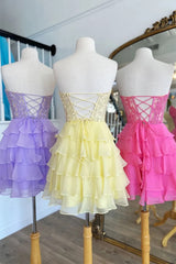 Cute Sweetheart A-Line Lace Corset Chiffon Ruffle Short Homecoming Dress