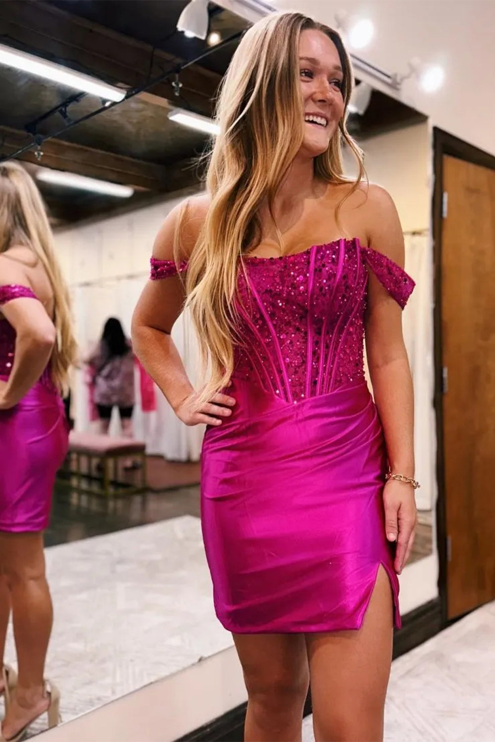 Sparkly Bodycon Off the Shoulder Short Tight Satin Homecoming Dress