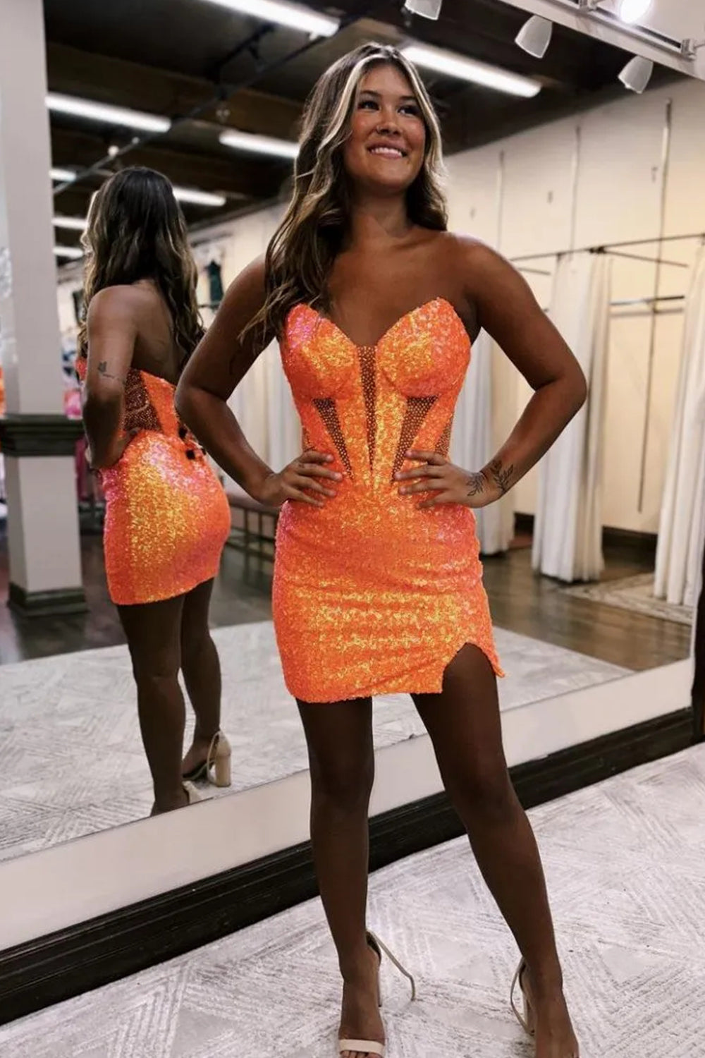 Sparkly Bodycon Sequin Strapless Tight Short Homecoming Dress with Slit
