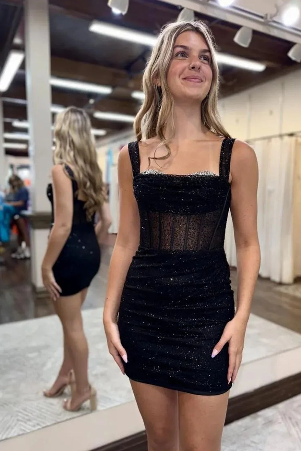 Sparkly Bodycon Off the Shoulder Lace Up Black Homecoming Dress