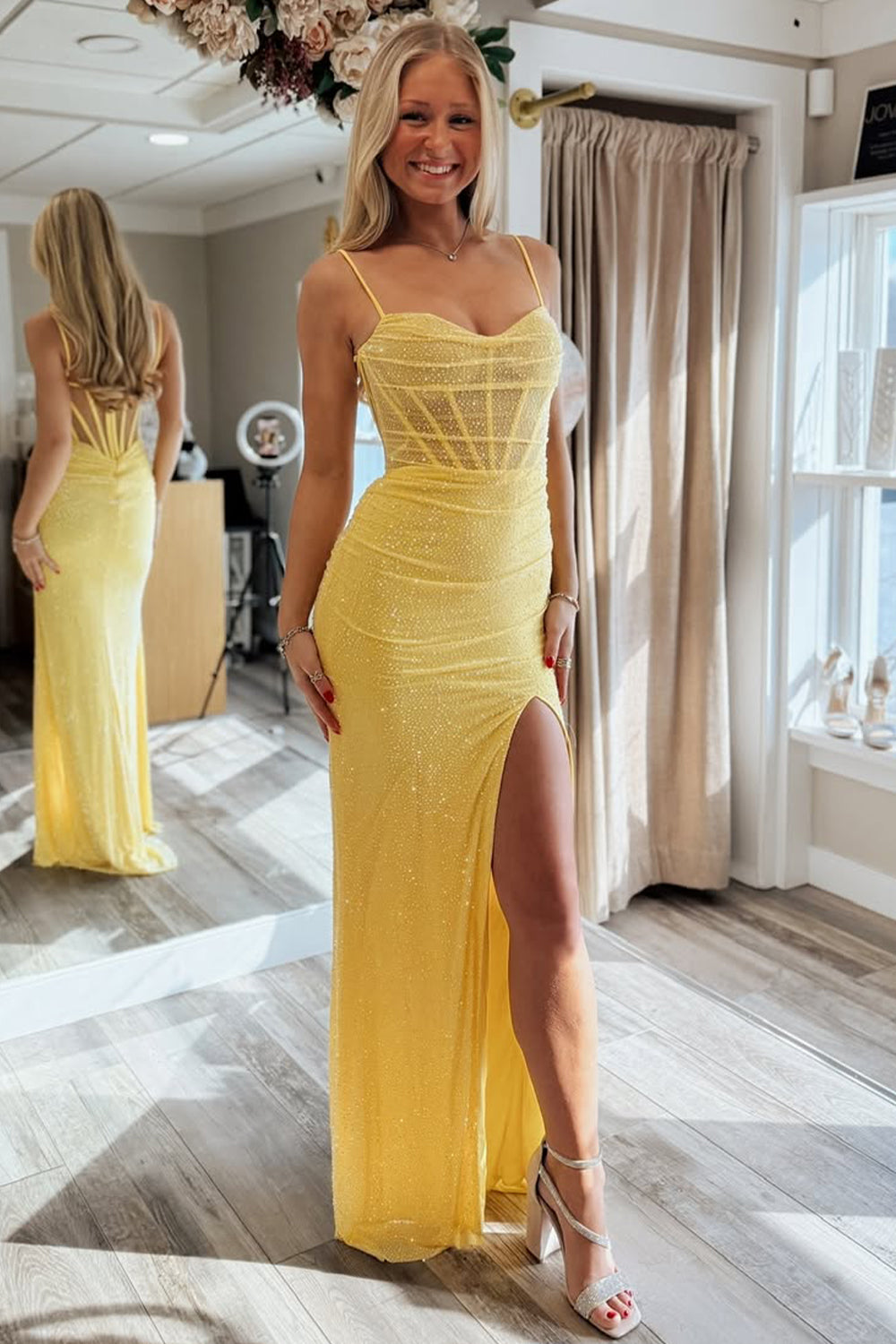 Sparkly Yellow Mermaid Spaghetti Straps Long Prom Dress with Slit
