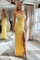 Sparkly Yellow Mermaid Spaghetti Straps Long Prom Dress with Slit