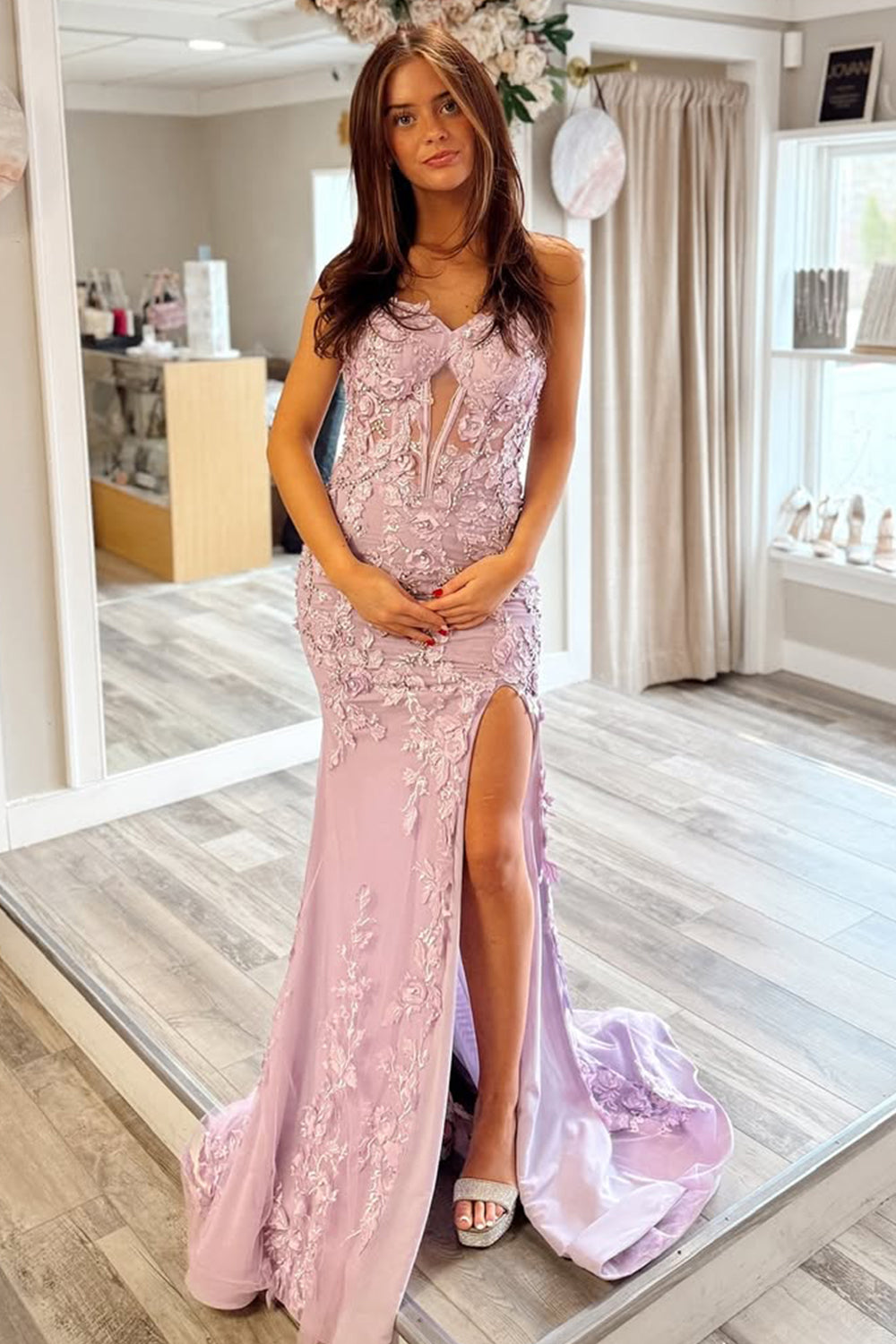 Lilac Sweetheart Zipper Back Long Mermaid Prom Dress with Appliques and Slit