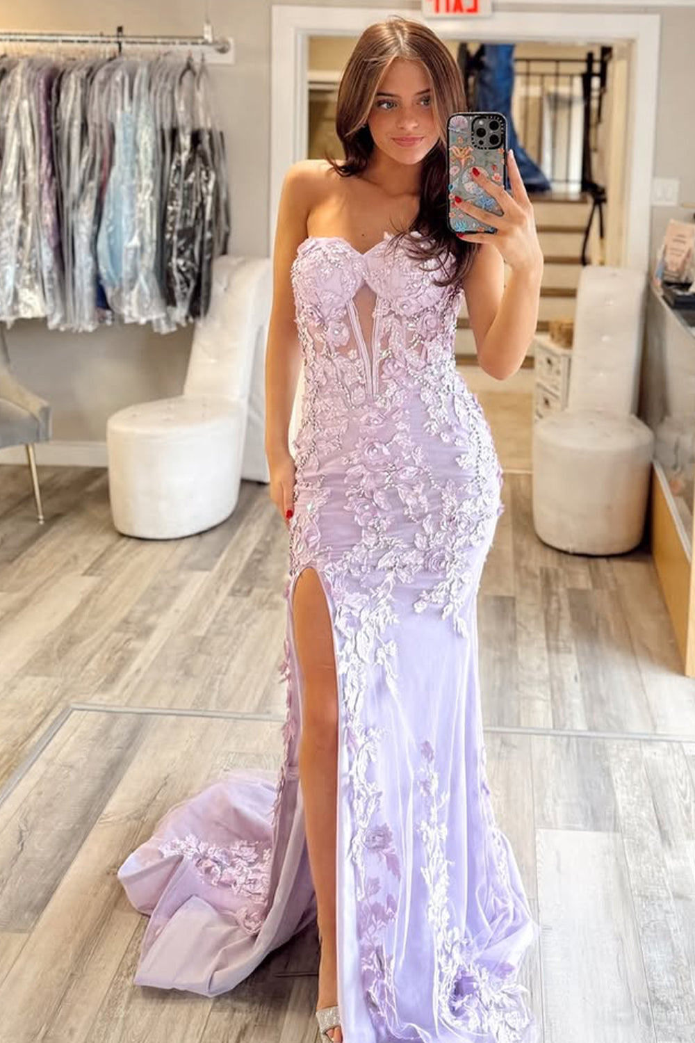 Lilac Sweetheart Zipper Back Long Mermaid Prom Dress with Appliques and Slit