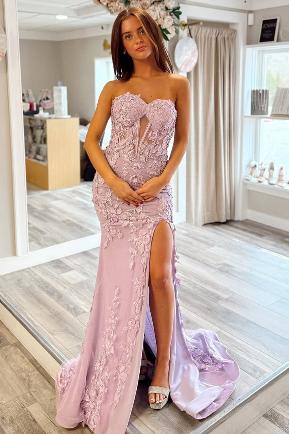 Lilac Sweetheart Zipper Back Long Mermaid Prom Dress with Appliques and Slit
