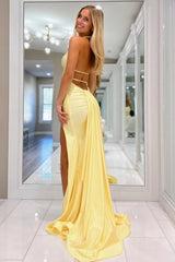 Stylish Mermaid Deep V-Neck Satin Long Prom Dress With Slit