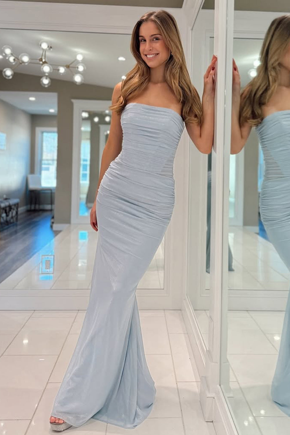 Mermaid Glitter Light Blue Long Metallic Prom Dress with Pleating