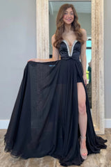 Black A-Line Deep V-Neck Long Chiffon Prom Dress with Beading and Slit