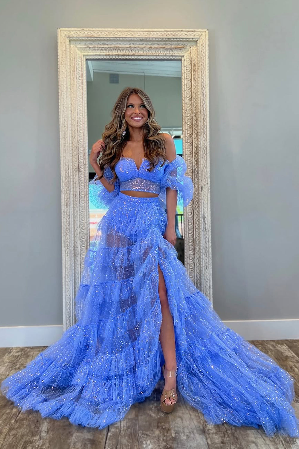 Sparkly Lovely Blue A-Line Off the Shoulder Tulle Prom Dress with Slit