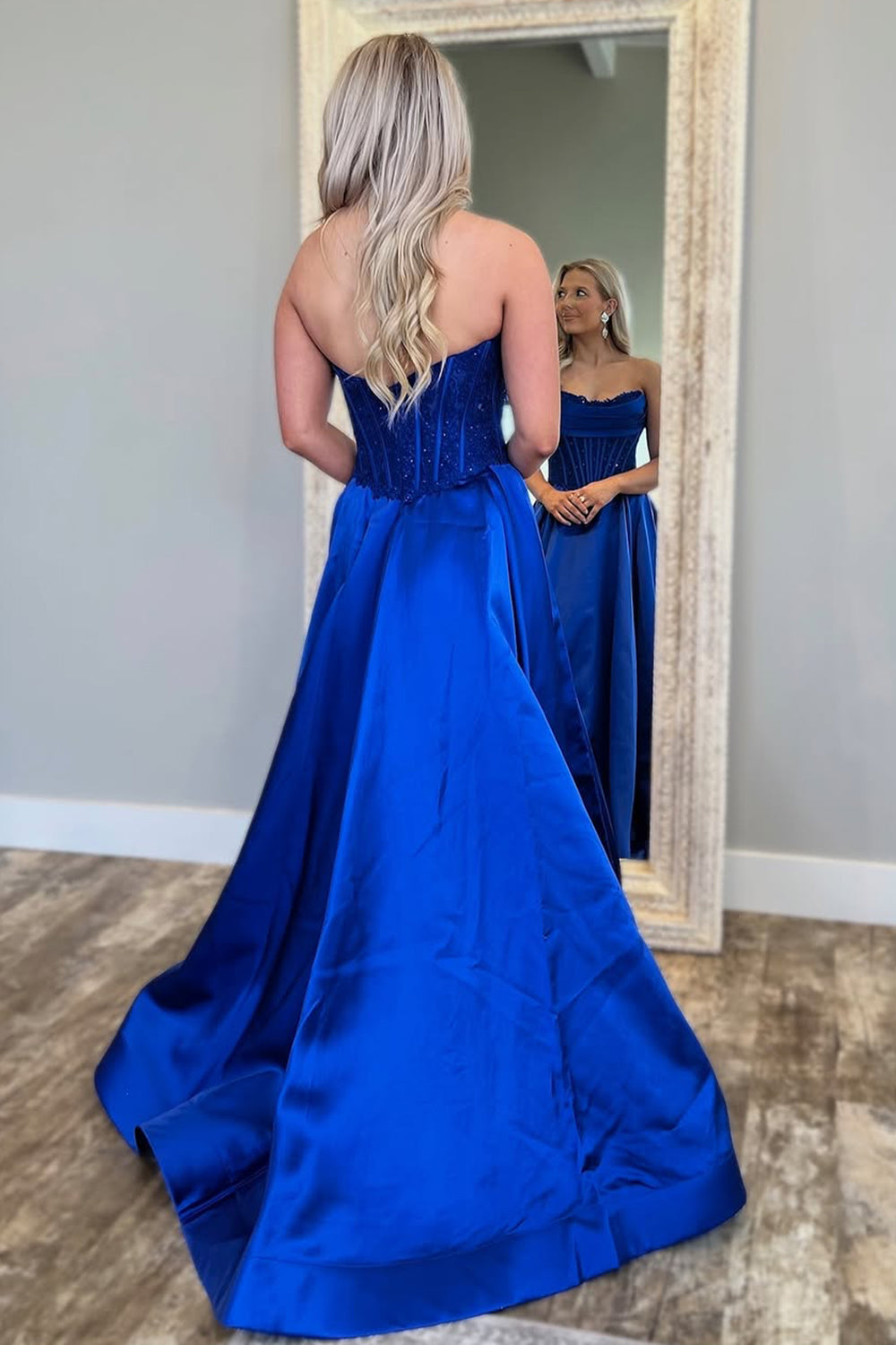 Royal Blue A-Line Strapless Glitter Top Long Satin Prom Dress