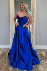 Royal Blue A-Line Strapless Glitter Top Long Satin Prom Dress