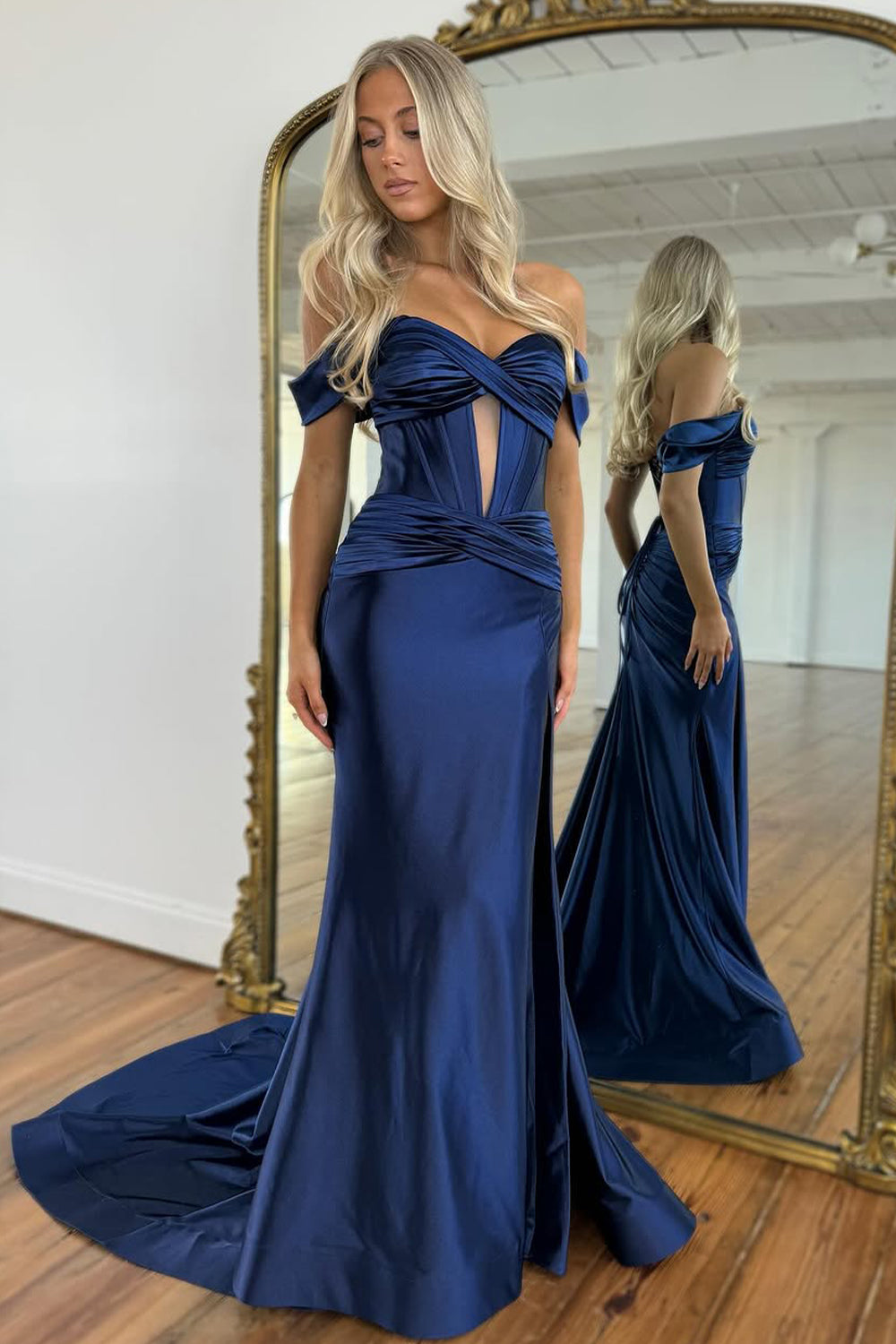 Chic Mermaid Off the Shoulder Lace Up Long Satin Prom Dress with Slit