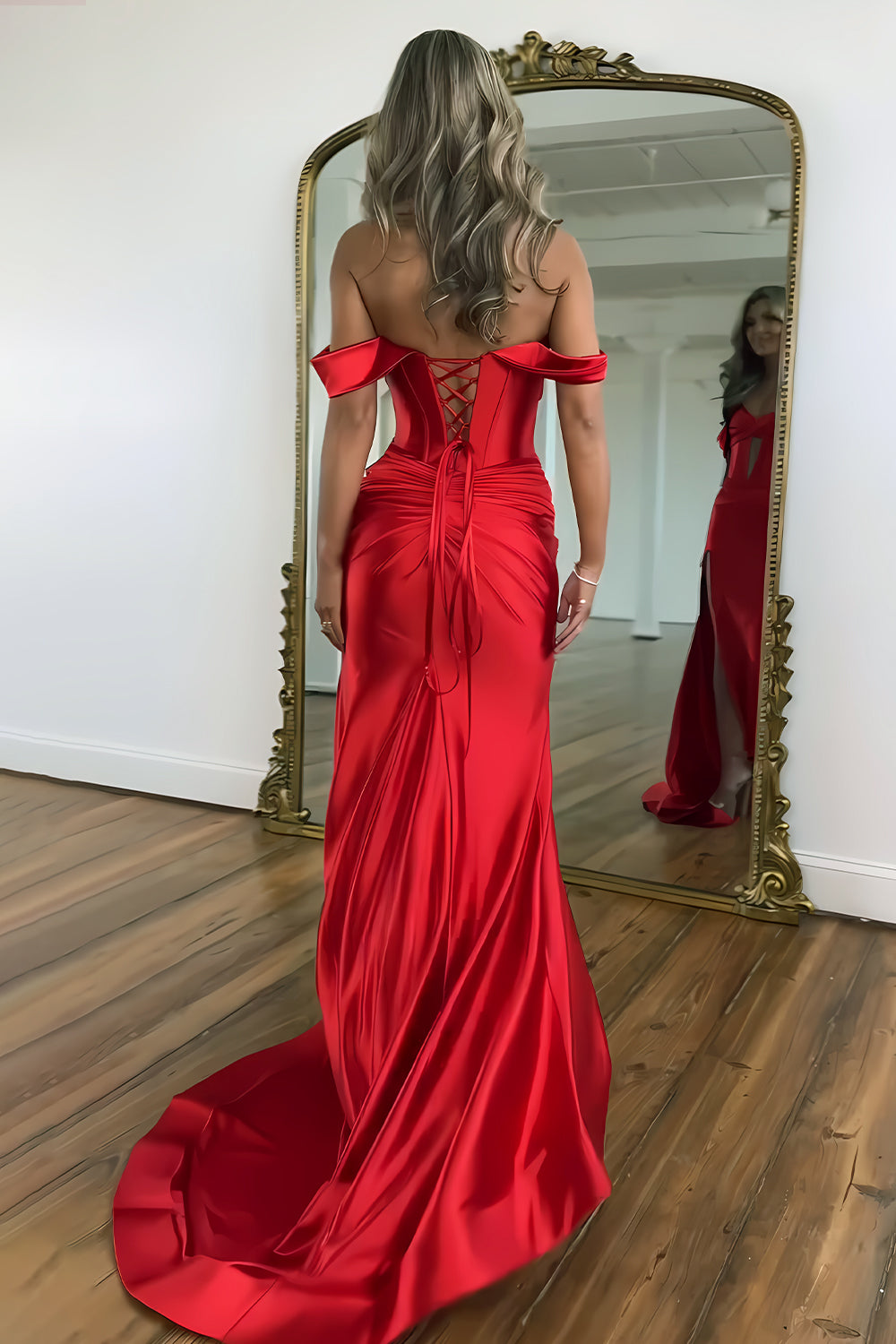 Chic Mermaid Off the Shoulder Lace Up Long Satin Prom Dress with Slit