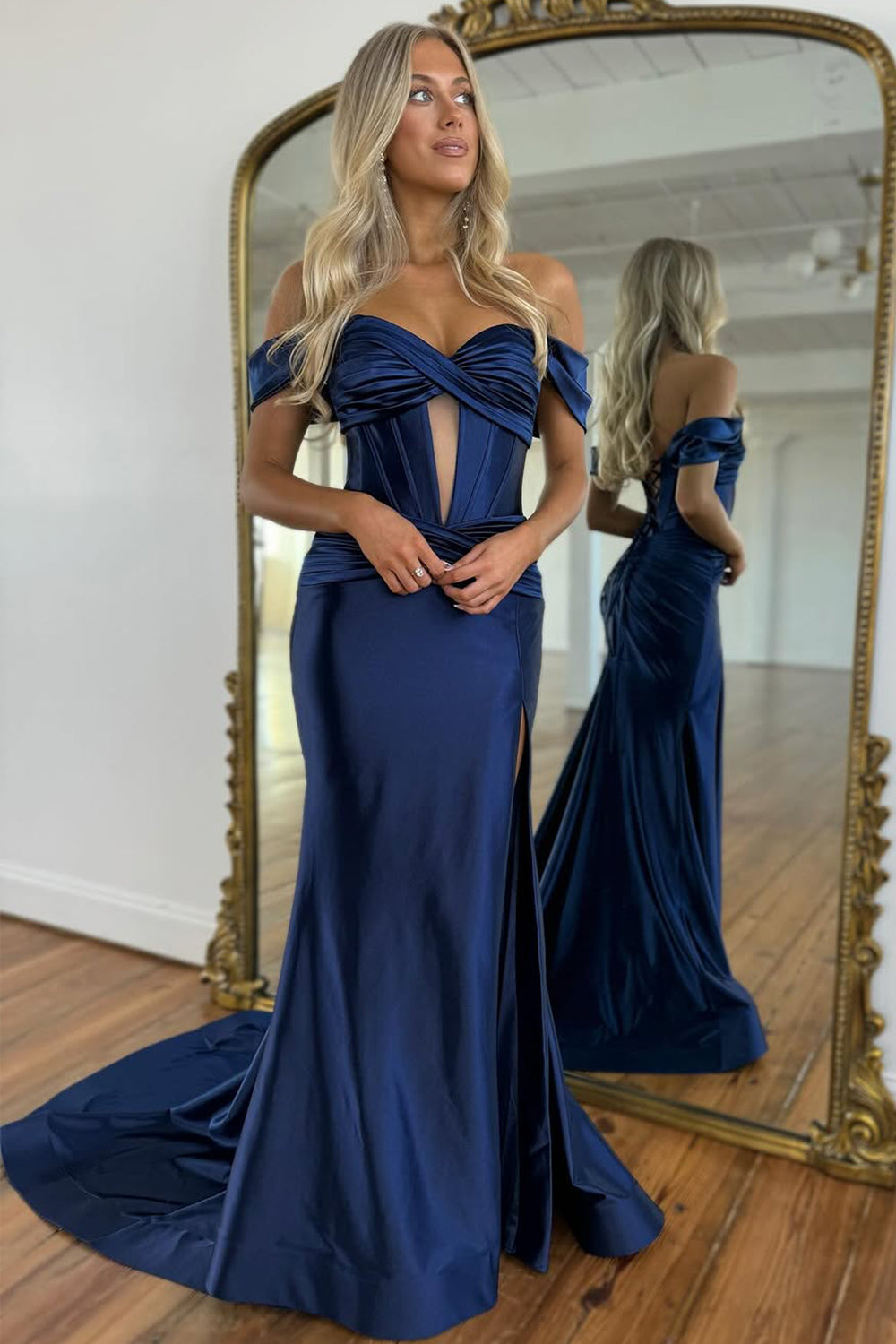 Chic Mermaid Off the Shoulder Lace Up Long Satin Prom Dress with Slit
