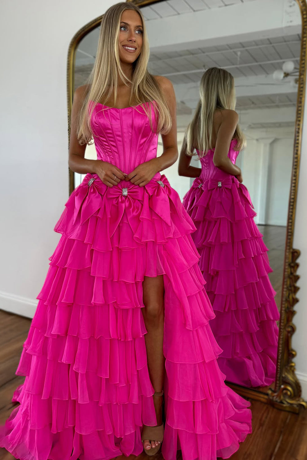 Princess A-Line Strapless Tiered Long Prom Dress with Slit and Bow