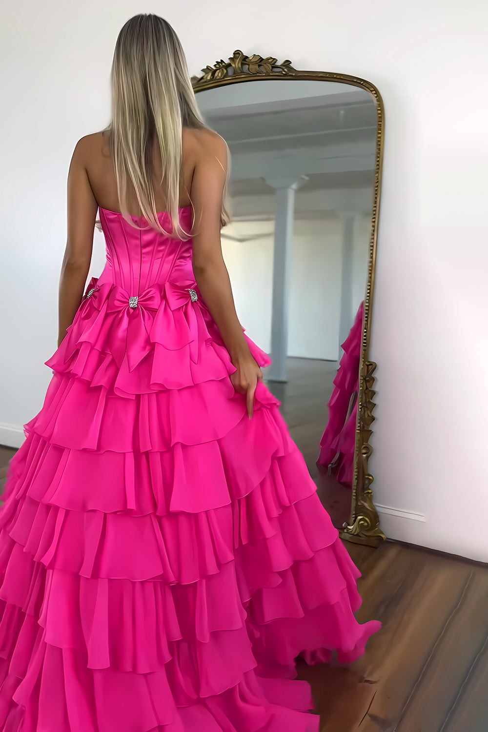 Princess A-Line Strapless Tiered Long Prom Dress with Slit and Bow