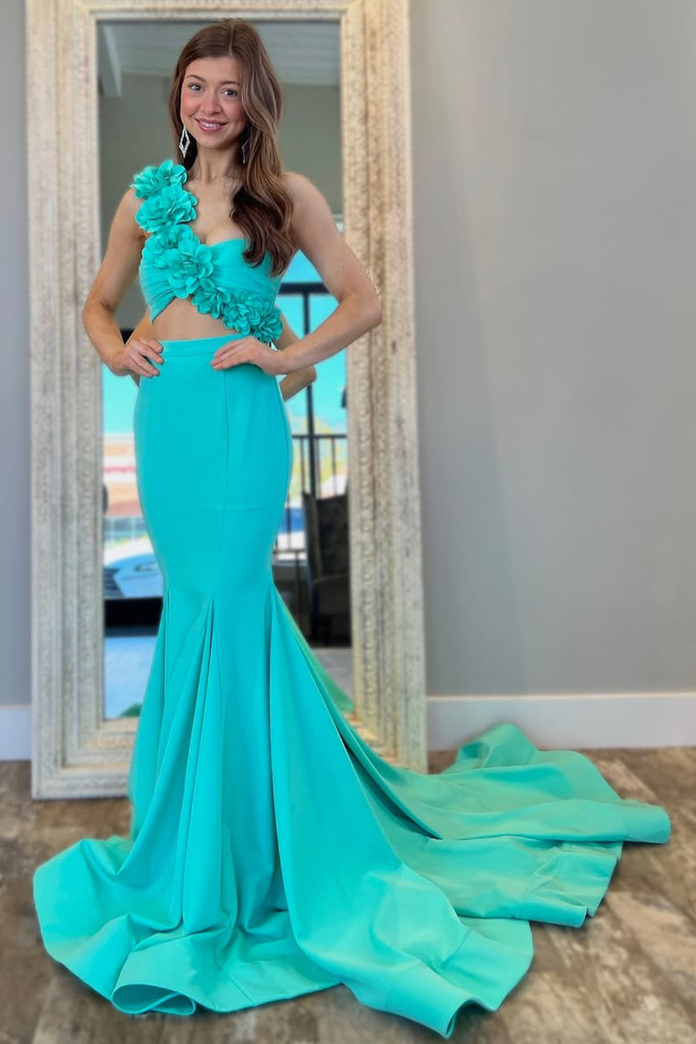 Aqua Mermaid One Shoulder Cutout Waist Long Prom Dress with 3D Flowers