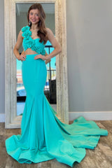 Aqua Mermaid One Shoulder Cutout Waist Long Prom Dress with 3D Flowers
