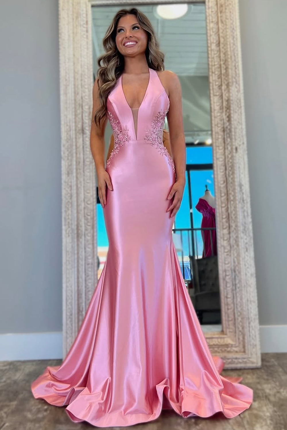 Pink Mermaid Deep V-Neck Backless Long Satin Prom Party Dress with Appliques