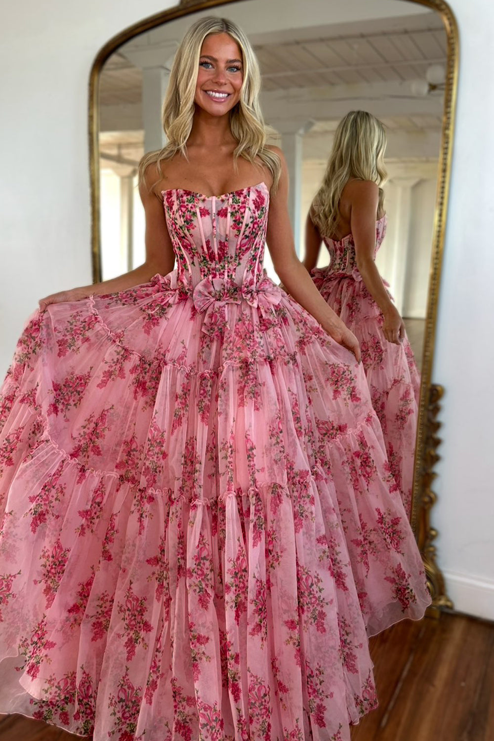 Pink Charming A-Line Strapless Long Print Tulle Prom Party Dress