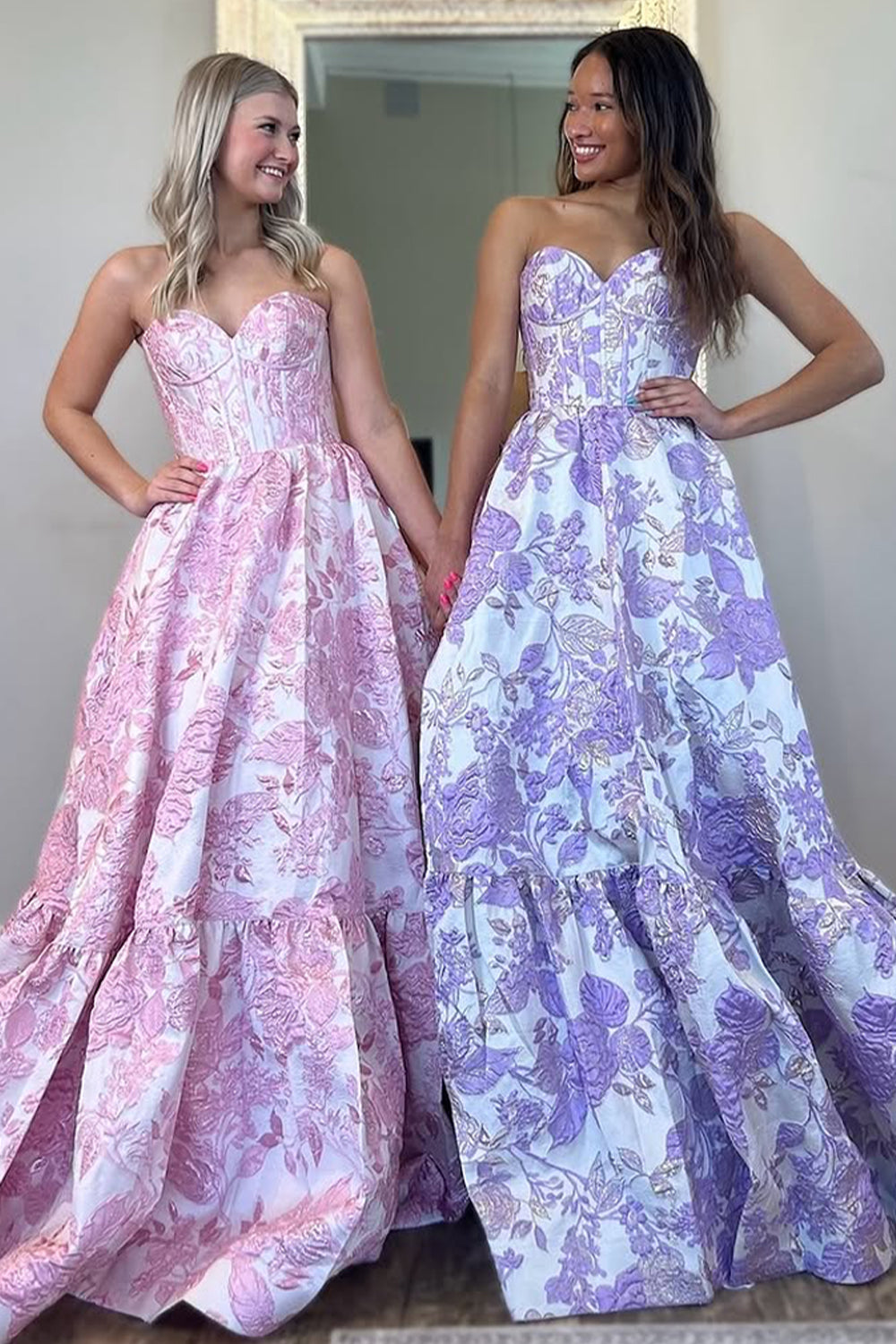 Pink Lovely Sweetheart A-Line Long Print Prom Dress