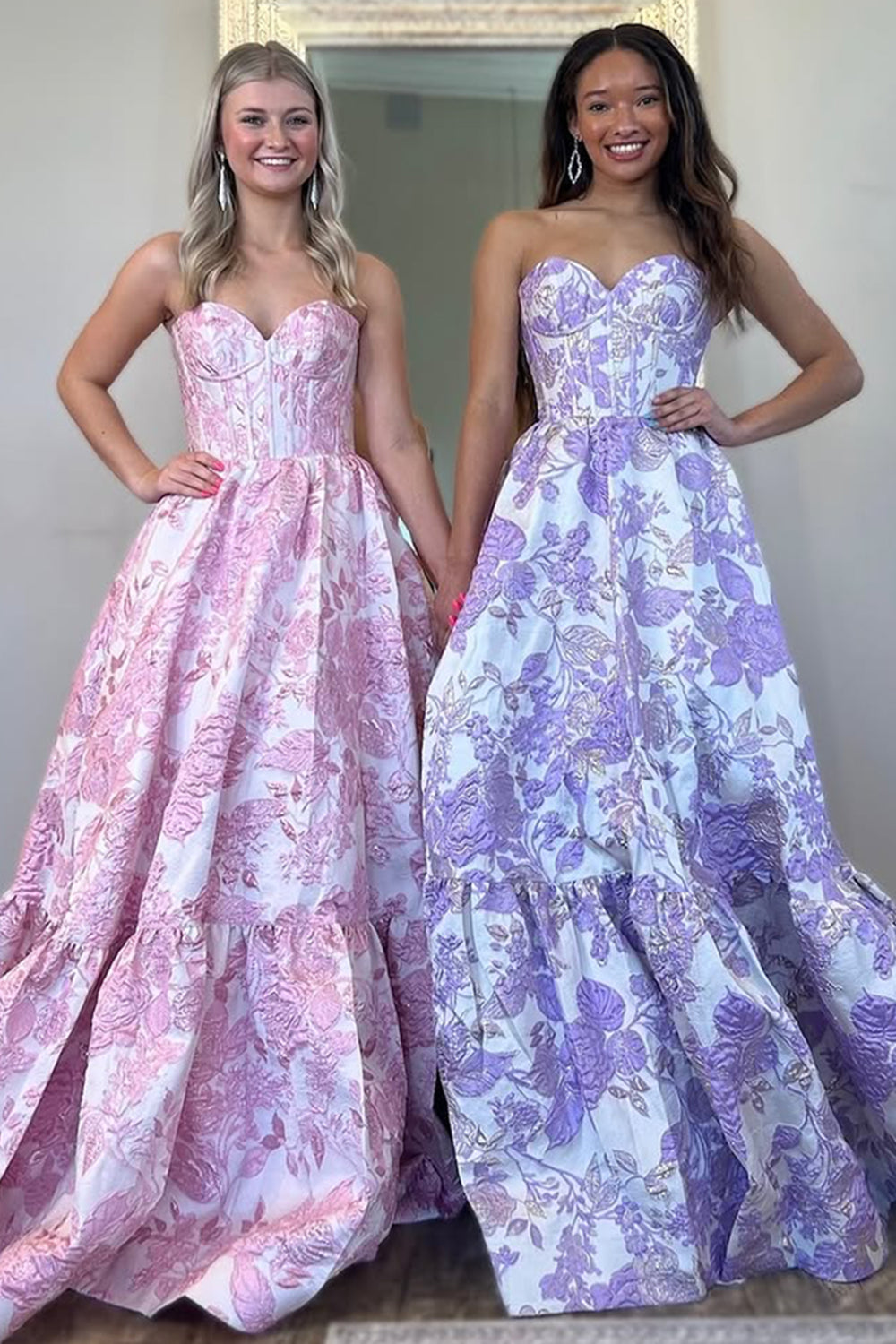 Pink Lovely Sweetheart A-Line Long Print Prom Dress
