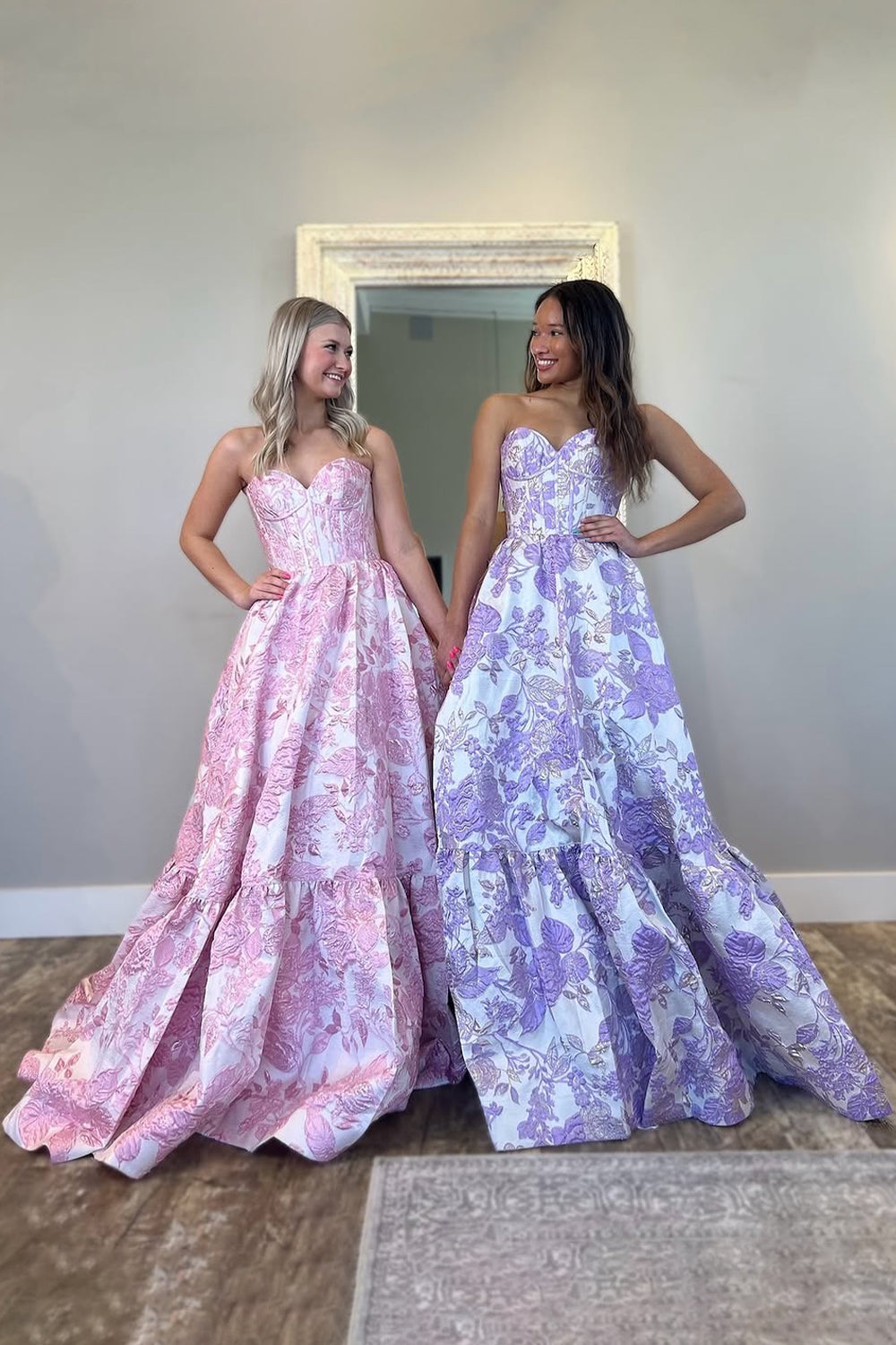 Pink Lovely Sweetheart A-Line Long Print Prom Dress