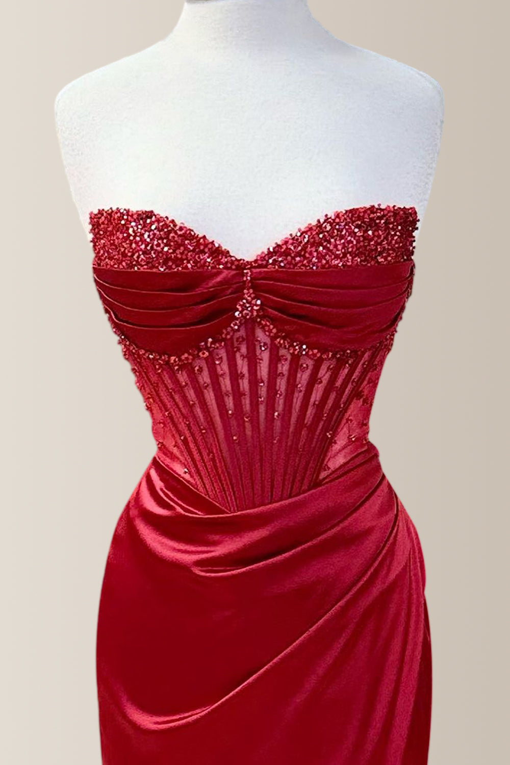 Pretty Dusty Blue Mermaid Strapless Long Satin Prom Dress With Beading