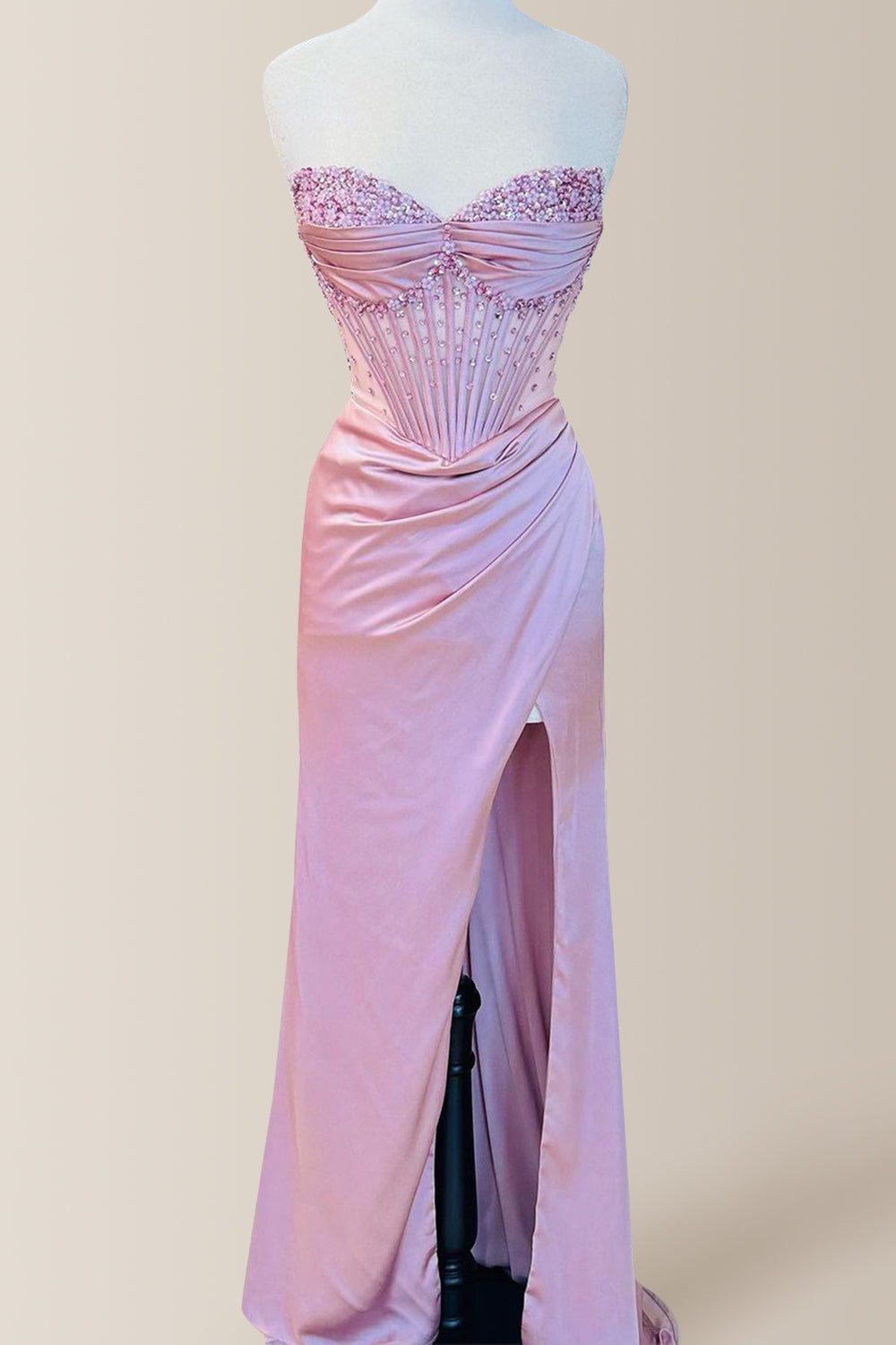 Pretty Dusty Blue Mermaid Strapless Long Satin Prom Dress With Beading