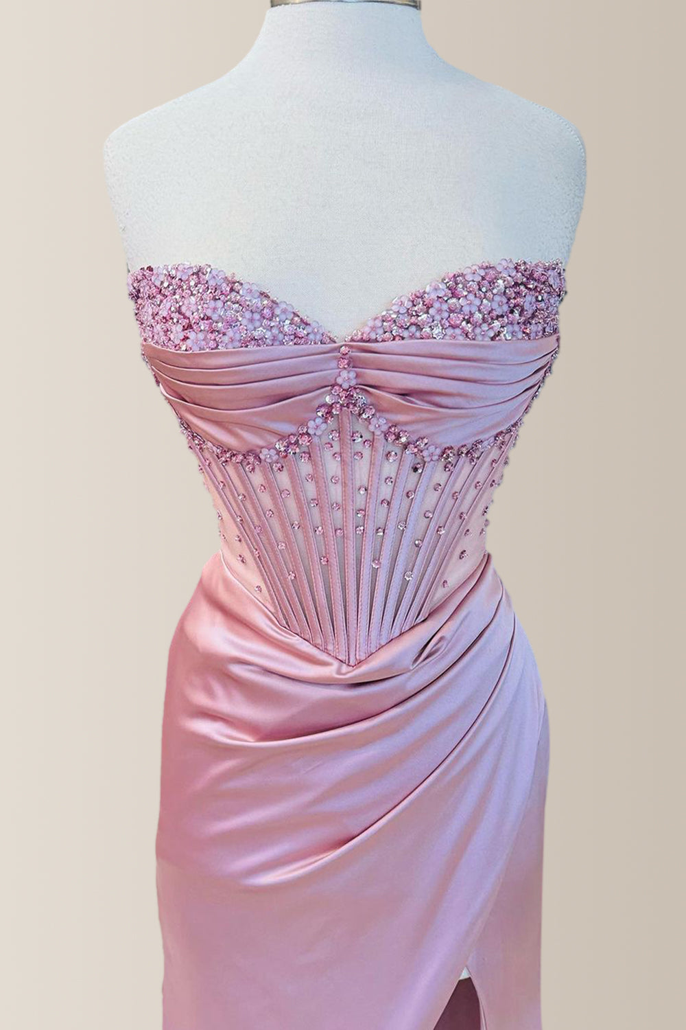 Pretty Dusty Blue Mermaid Strapless Long Satin Prom Dress With Beading