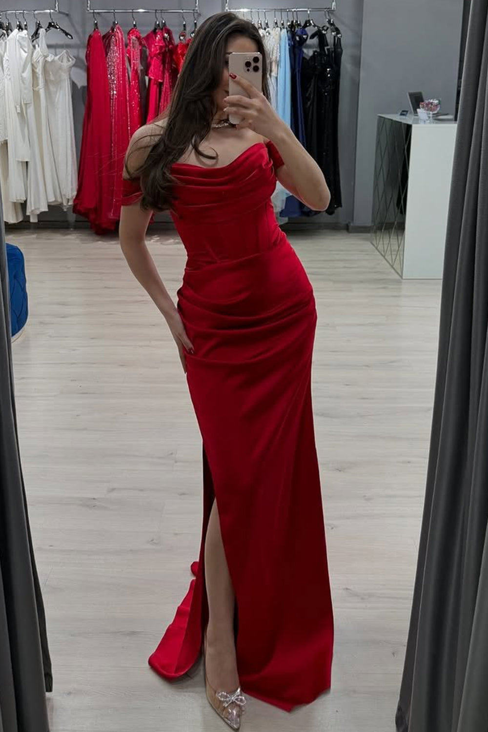 Red Off The Shoulder Mermaid Satin Prom Dress With Leg Slit