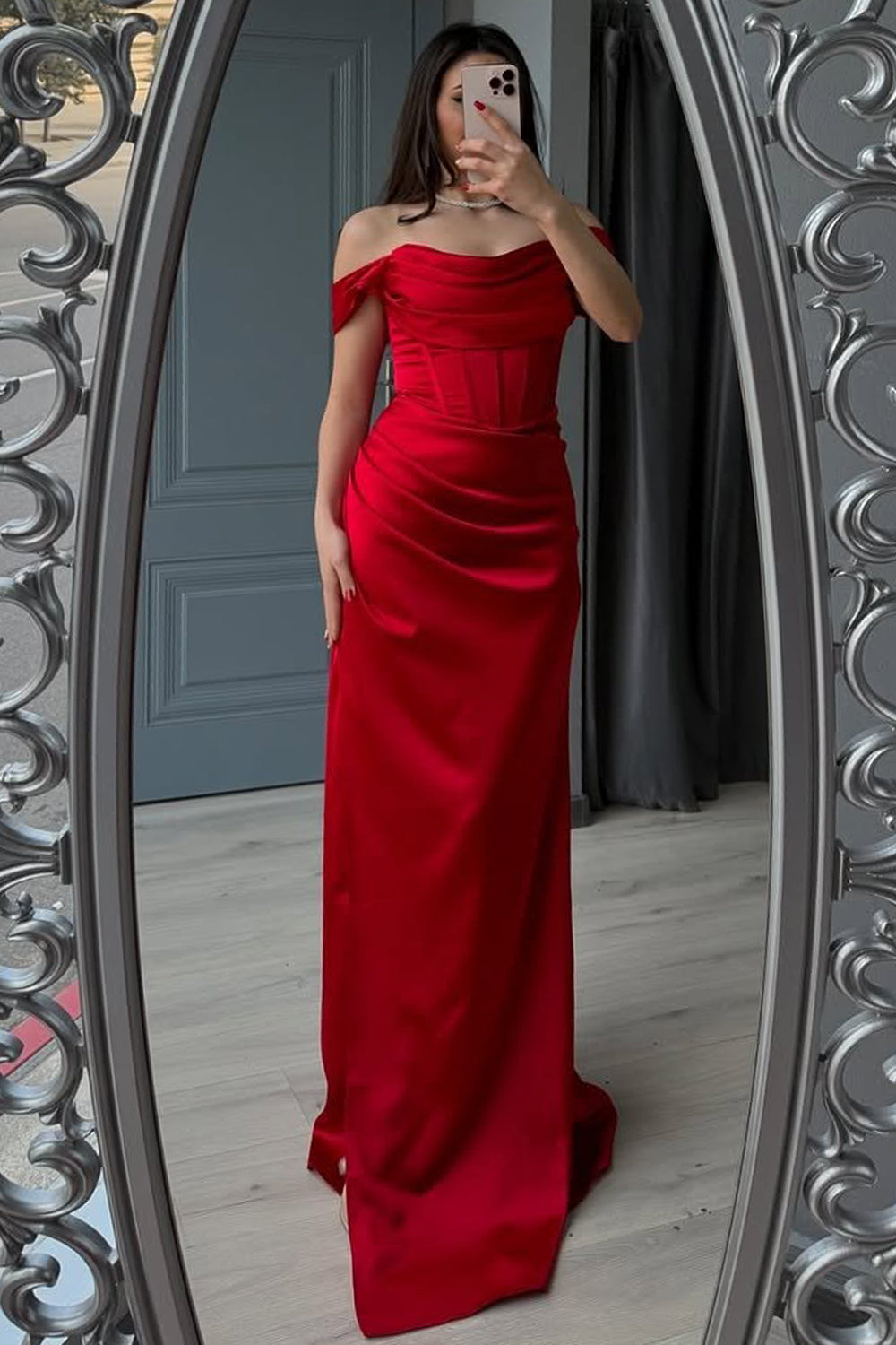 Red Off The Shoulder Mermaid Satin Prom Dress With Leg Slit