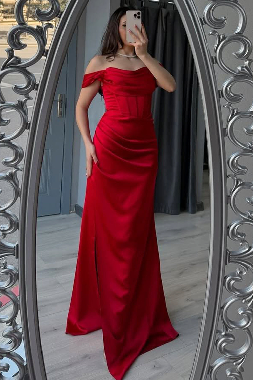 Red Off The Shoulder Mermaid Satin Prom Dress With Leg Slit