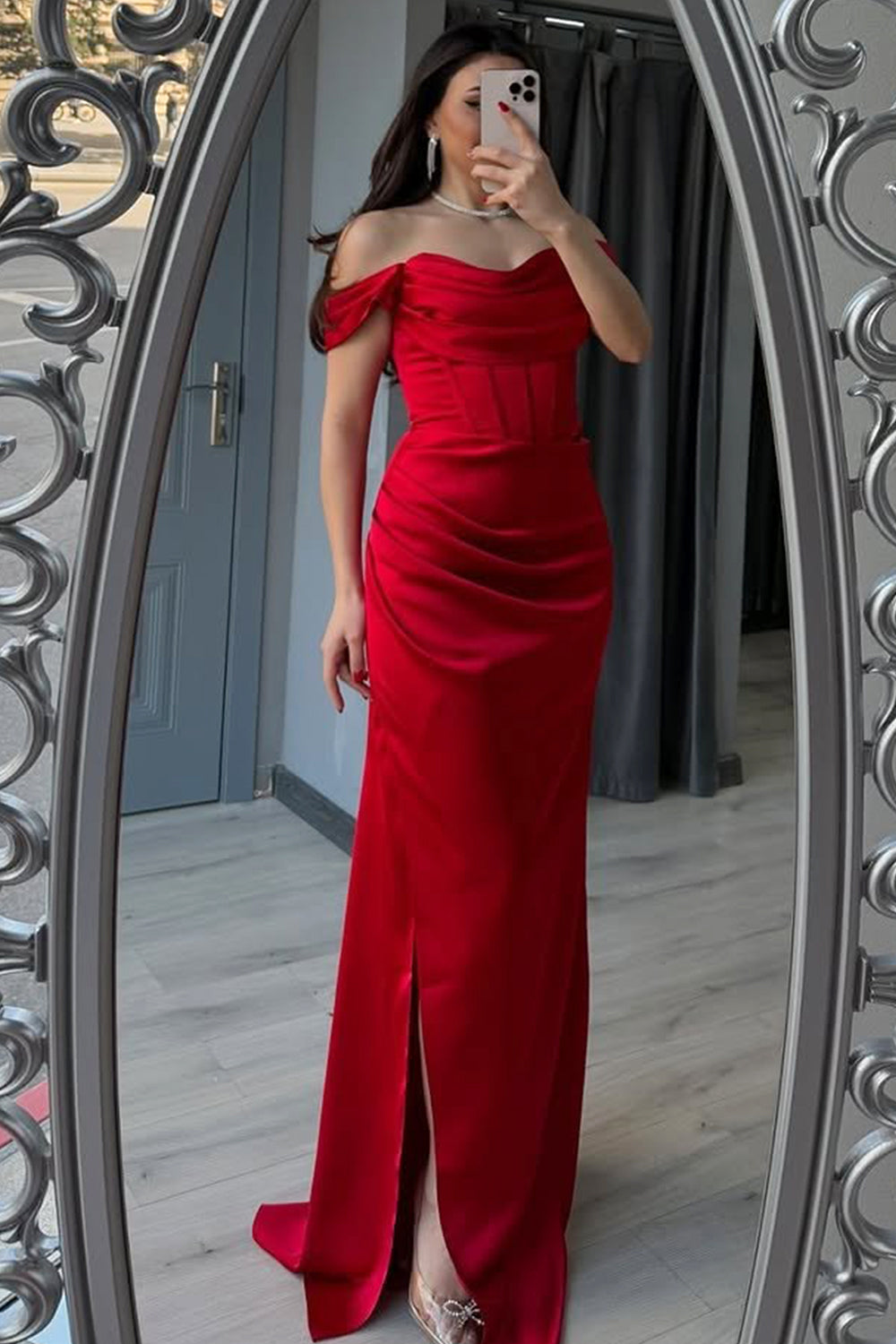Red Off The Shoulder Mermaid Satin Prom Dress With Leg Slit