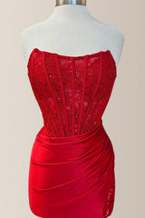 Red Mermaid Strapless Lace Top Short Satin Homecoming Party Dress