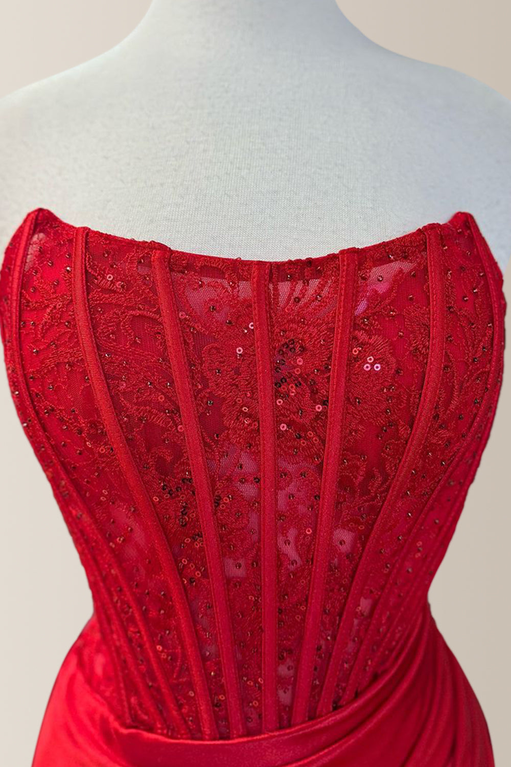 Red Mermaid Strapless Lace Top Short Satin Homecoming Party Dress