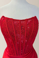 Red Mermaid Strapless Lace Top Short Satin Homecoming Party Dress